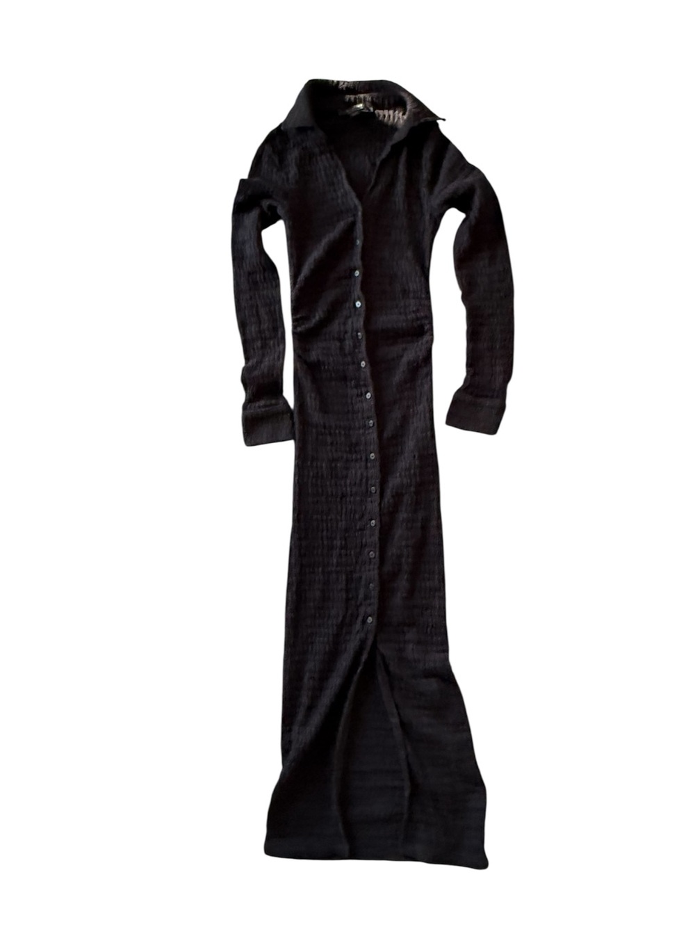 AllSaints Black Bodycon Connie Long Sleeve Ribbed Button-Front Collar Midi Dress - Picture 6 of 10